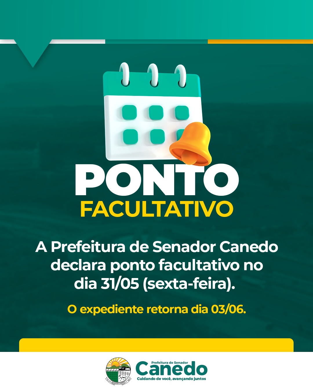 Prefeitura de Senador Canedo decreta ponto facultativo pós feriado de Corpus Christi