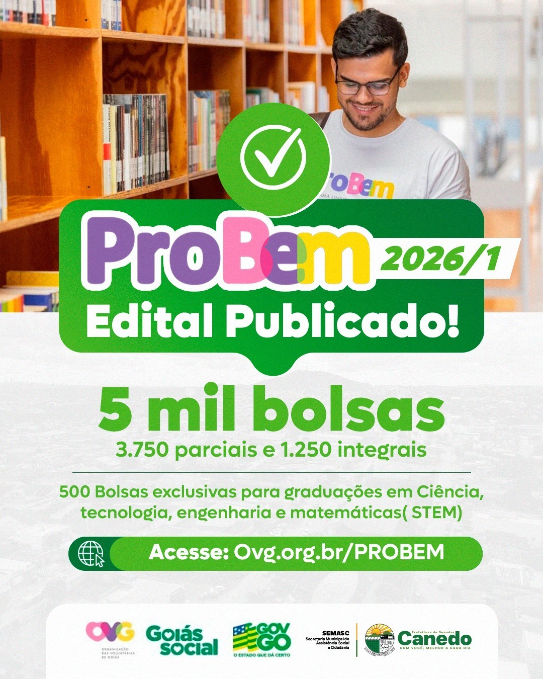 Senador Canedo informa abertura do edital ProBem 2026/1 com 5 mil bolsas de estudo