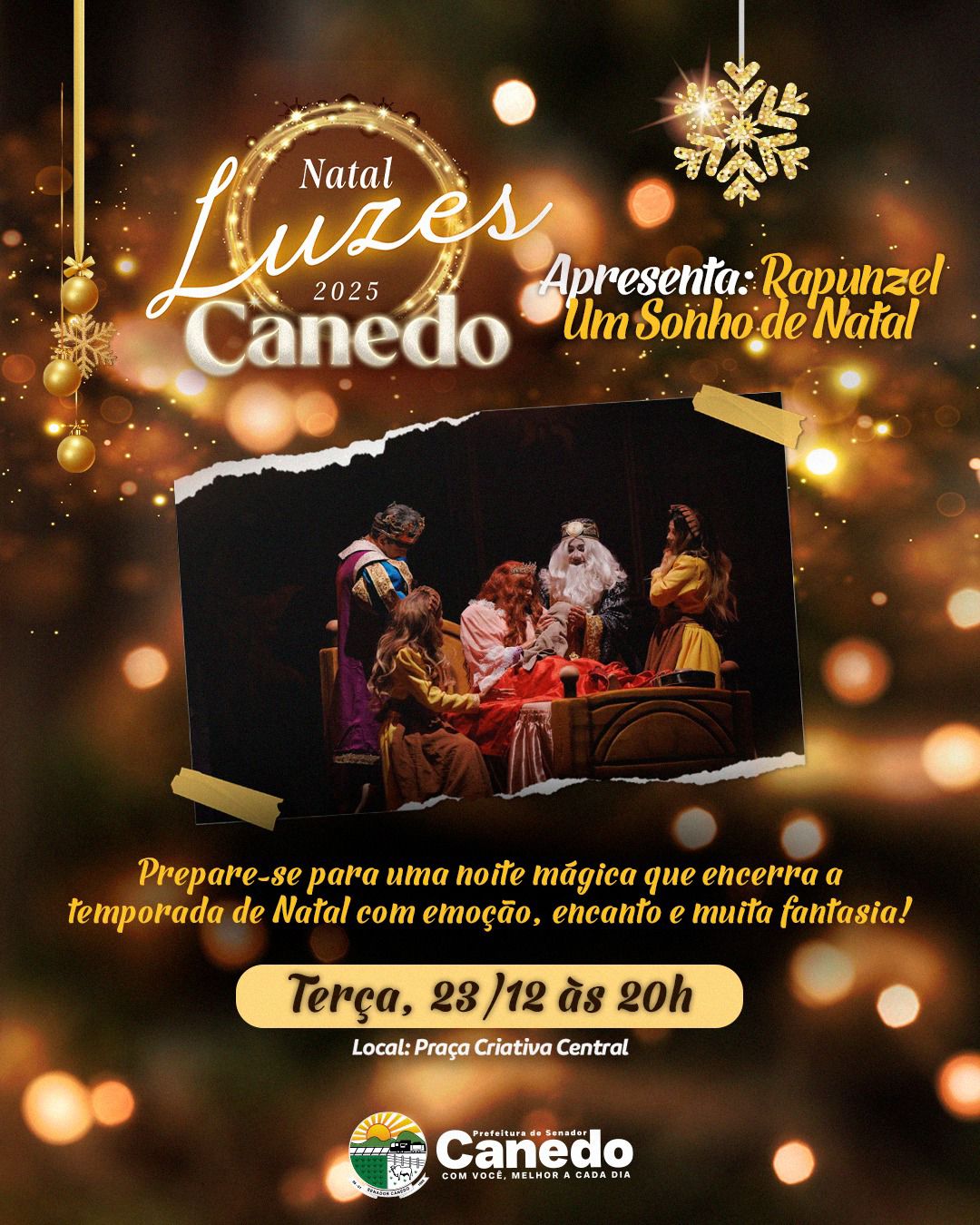 Espetáculo “Rapunzel – Um Sonho de Natal” encerra programação do Natal Luzes 2025 em Senador Canedo