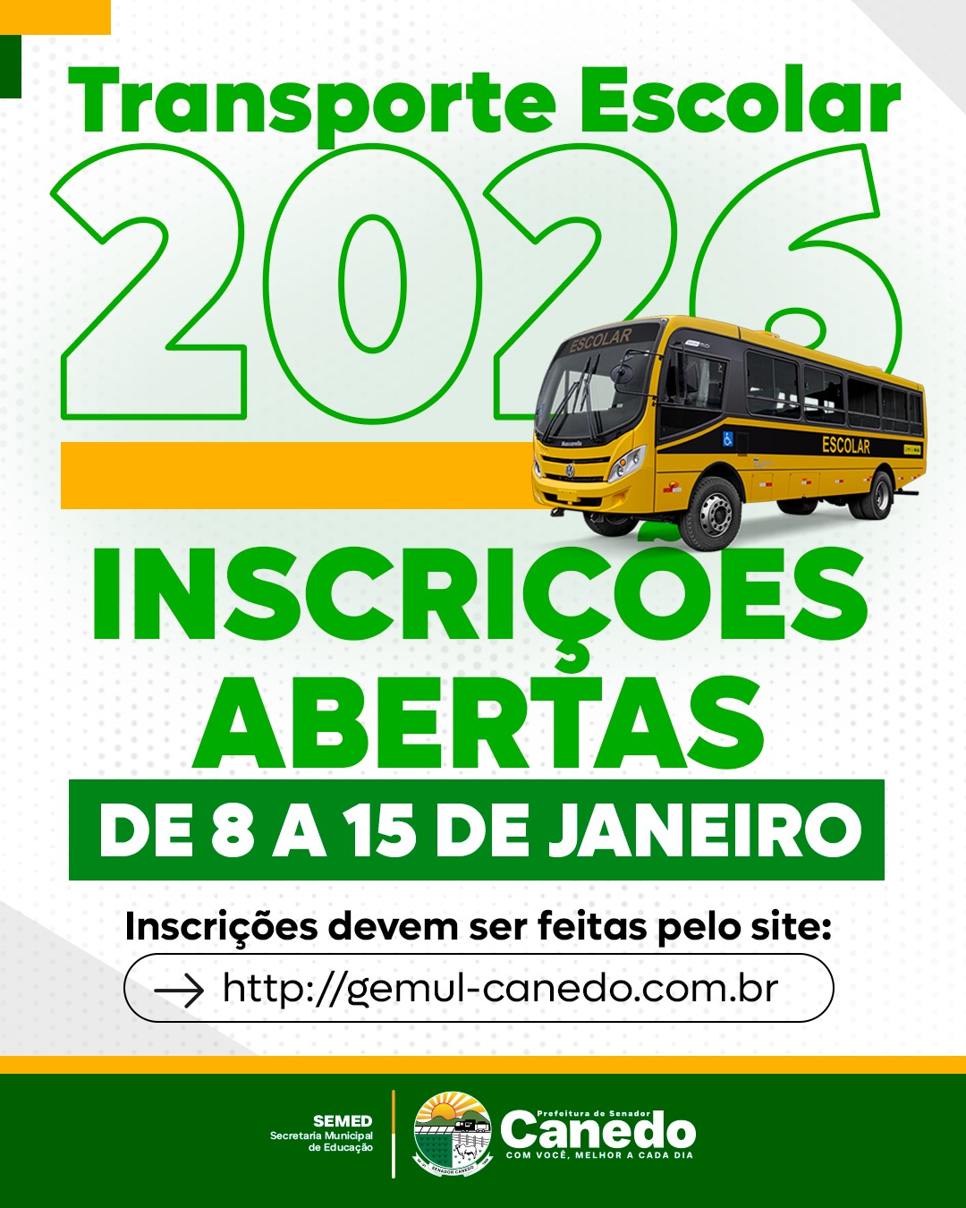 Prefeitura de Senador Canedo abre cadastro para Transporte Escolar 2026