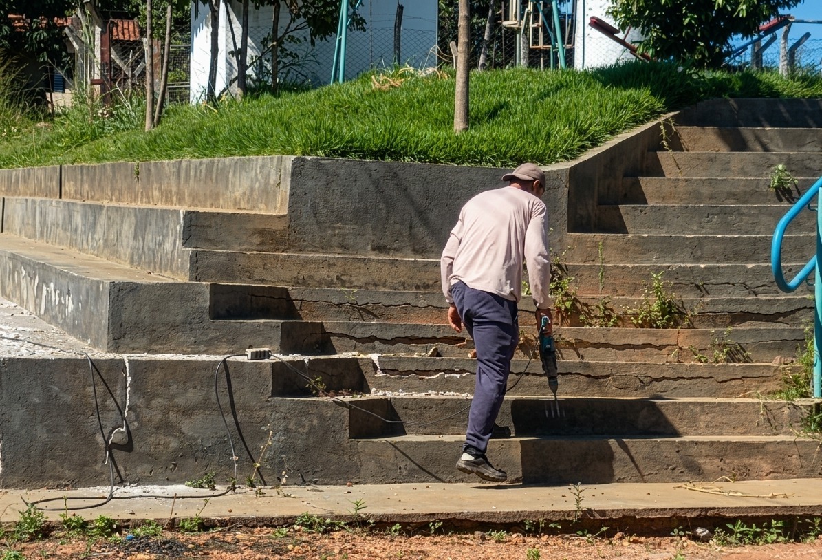 Manutenção garante melhores condições na arquibancada do campo no Residencial Aurora das Mansões