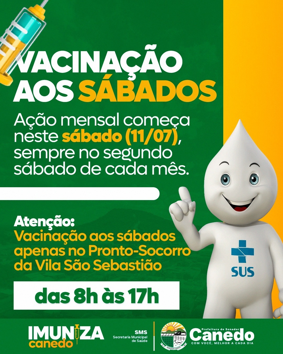 Imuniza Canedo amplia acesso à vacinação com atendimento neste sábado no Pronto-Socorro da Vila São Sebastião
